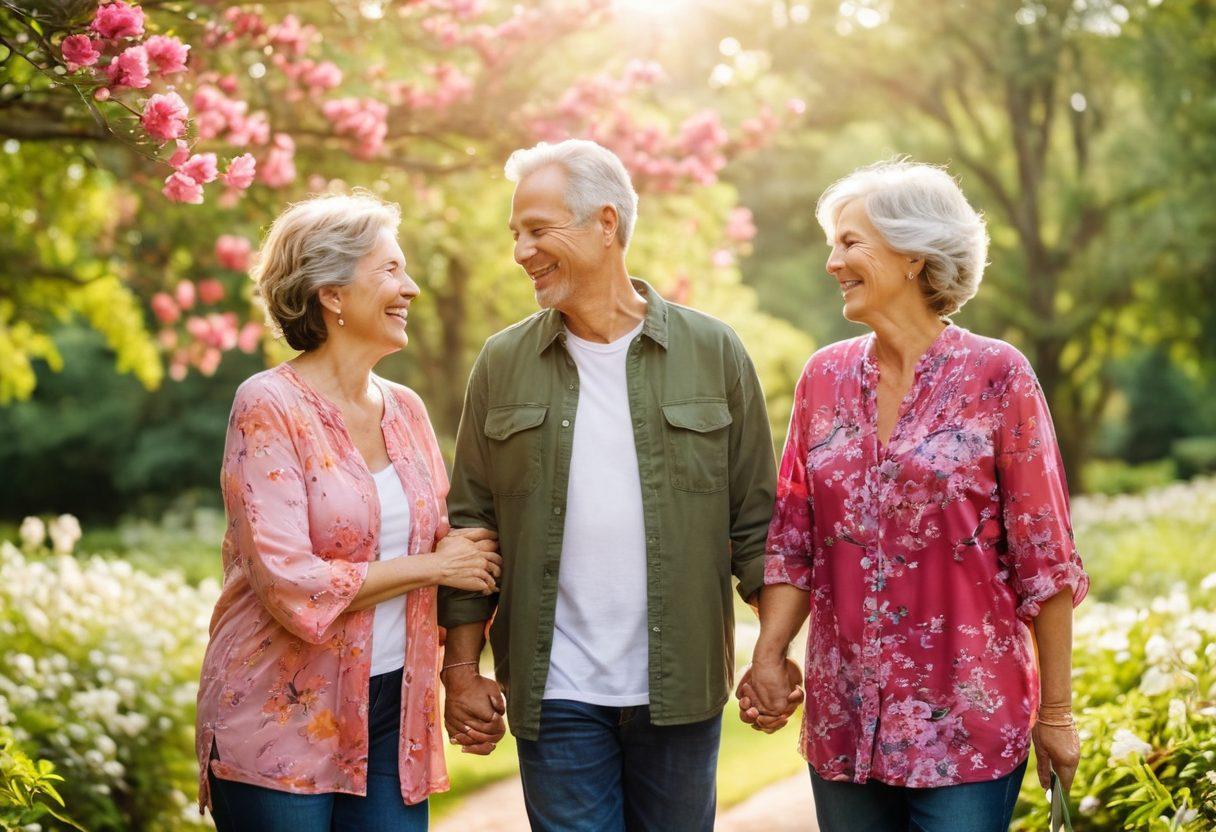 A warm, inviting scene of a joyful couple in their 50s sharing a laugh while holding hands in a picturesque park, surrounded by blooming flowers and lush greenery. The couple is dressed in stylish yet comfortable clothing, radiating happiness and connection. Soft light filters through the trees, symbolizing hope and new beginnings in later life, with hints of love in the air. vibrant colors. soft focus.