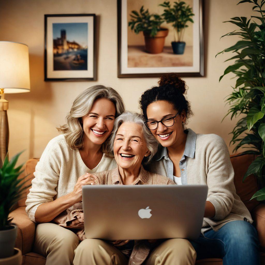 A heartwarming scene featuring two mature individuals connecting over a laptop in a cozy living room, surrounded by warm lighting and personal touches like framed photographs and potted plants. Their faces radiate happiness as they share laughter, depicting the joy of contemporary romance. Include subtle digital elements like heart icons appearing on the screen, symbolizing online connection. super-realistic. warm colors. intimate setting.
