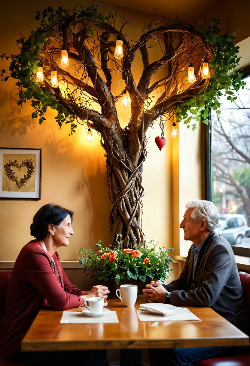 An intimate scene depicting two mature individuals engaged in a deep conversation, surrounded by symbols of connection like intertwined roots and a glowing heart above them. Soft natural lighting enhancing their warm expressions, with a blurred café in the background suggesting a cozy atmosphere. A vine of flowers symbolizes growth and companionship. super-realistic. warm colors. cozy ambiance.